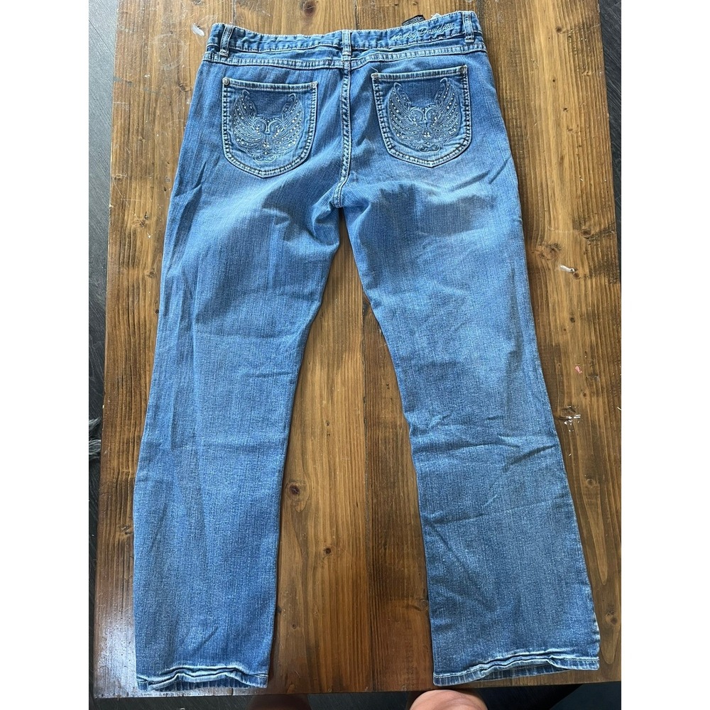 Harley-Davidson Womens Bootcut Jeans Blue Embroidered Rhinestone Wing Size 14 - Picture 7 of 9